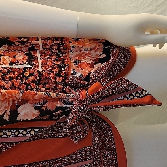 5/$25 Roz & ALI Coral Floral Rose Stripe Waist Tie Blouse FLAWED - Picture 4 of 11